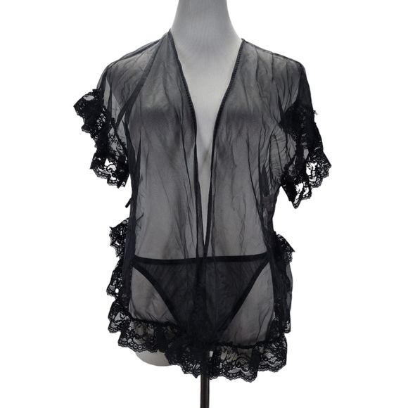 Vintage Fredricks of Hollywood Robe Panty Size L/XL Sheer Black Nylon Lace Trim